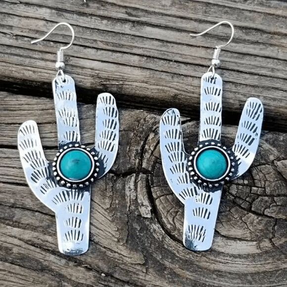 Silver Turquoise Cactus Western Dangle Earrings - Picture 1 of 5